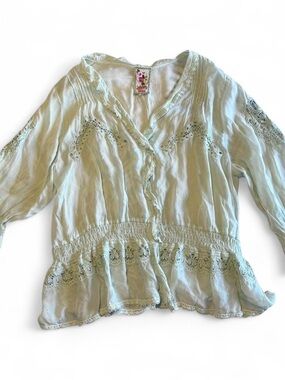 Johnny Was Mint Green Floral Eyelet Lace Blouse Size XXL
